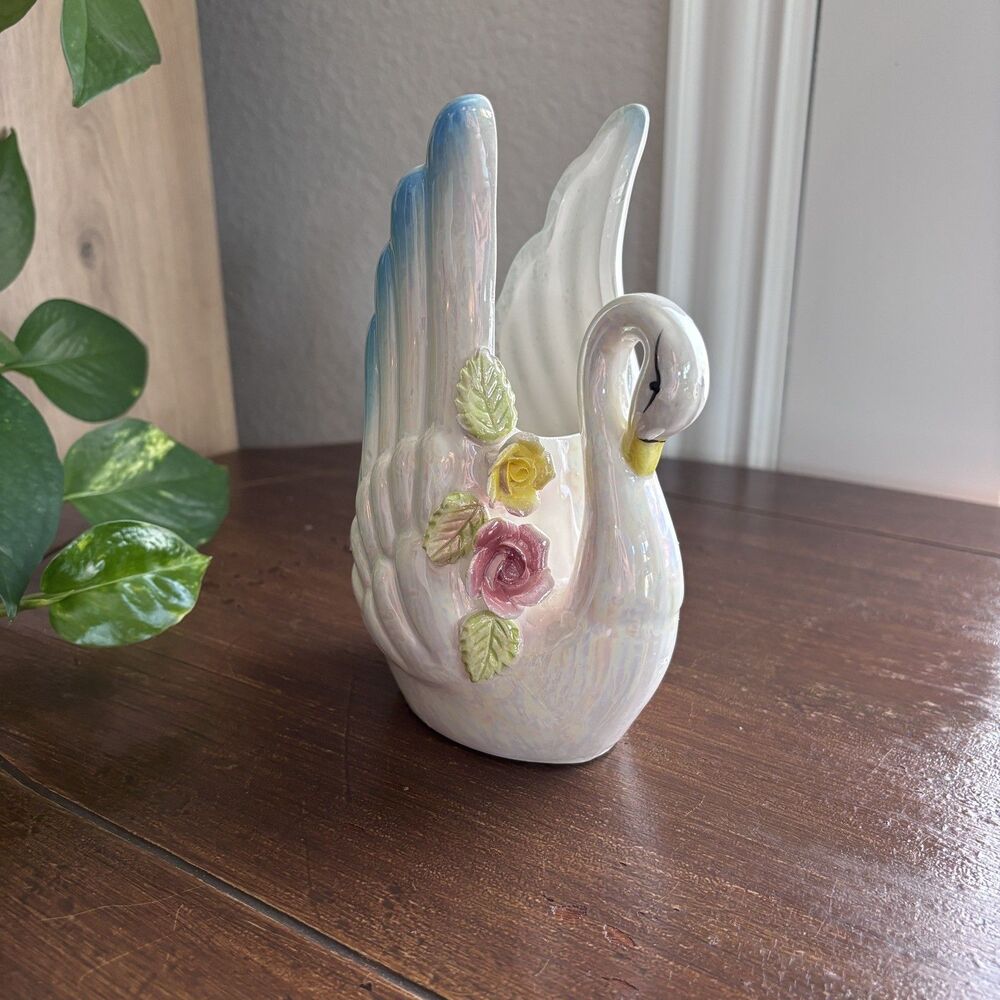 Vintage iridescent lusterware ceramic swan planter vase floral appliqué